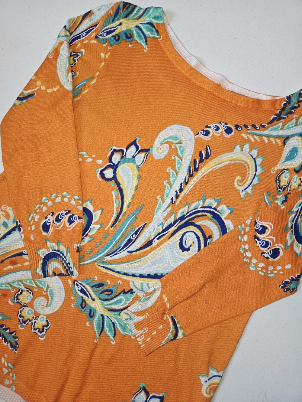 Joseph A. Vibrant Orange Multi-Color Paisley Boatneck Sweater Small